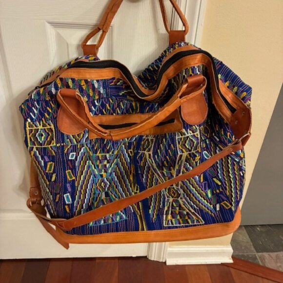 Weekender/Travel Carry On Guatemalan Huipil Colorful Fabric Leather Bag Luggage - Picture 1 of 12